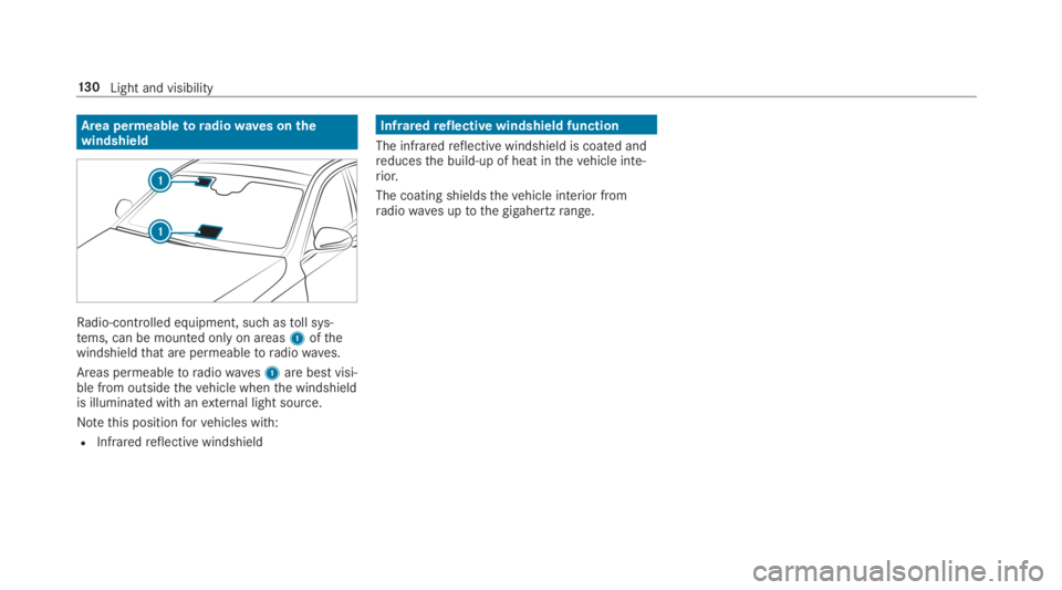 MERCEDES-BENZ E CLASS 2019  Owners Manual Area permeableto radiowaves onthewindshield
Radio-controlled equipment, such astoll sys‐tems, can be mounted only on areas1ofthewindshieldthat are permeabletoradiowaves.
Areas permeabletoradiowaves1