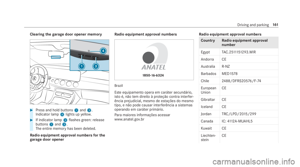 MERCEDES-BENZ E CLASS 2019  Owners Manual Clearingthegaragedoor opener memory
�Press and hold buttons1and3.Indicator lamp4lights upyellow.
�If indicator lamp4flashesgreen:releasebuttons1and3.The entire memoryhas been deleted.
Radio equipmen