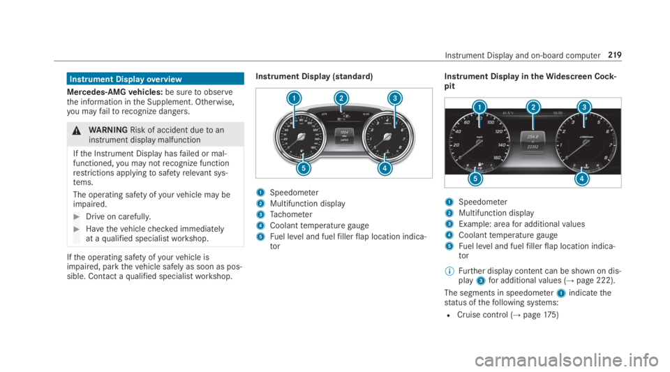 MERCEDES-BENZ E CLASS 2019  Owners Manual Instrument Displayoverview
Mercedes-AMGvehicles:be suretoobservethe information inthe Supplement. Otherwise,you mayfailtorecognize dangers.
�\nWARNINGRisk of accident duetoaninstrument display malfunc