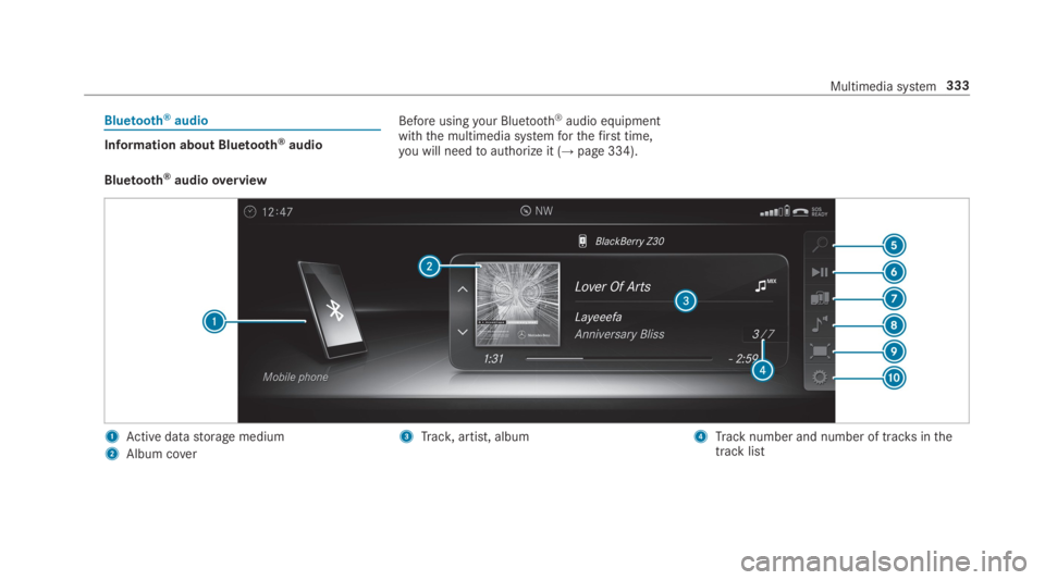 MERCEDES-BENZ E CLASS 2019  Owners Manual Bluetooth®audio
Information about Bluetooth®audio
Before usingyour Bluetooth®audio equipmentwiththe multimedia systemforthefirst time,you will needtoauthorize it (→page 334).
Bluetooth®audioover