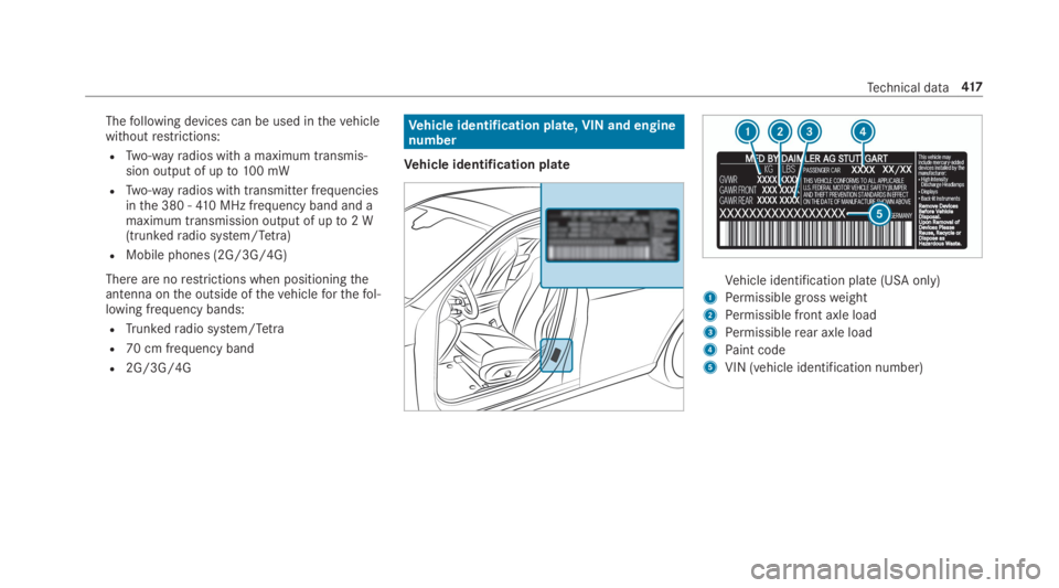 MERCEDES-BENZ E CLASS 2019  Owners Manual Thefollowing devices can be used inthevehiclewithoutrestrictions:
RTwo-wayradios with a maximum transmis‐sion output of upto100 mW
RTwo-wayradios with transmitter frequenciesinthe 380 -410 MHz frequ