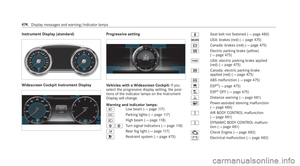 MERCEDES-BENZ E CLASS 2019  Owners Manual Instrument Display (standard)
Widescreen Cockpit Instrument Display
Progressive setting
Vehicles with aWidescreen Cockpit:Ifyouselectthe progressive display setting,the posi‐tions ofthe indicator la