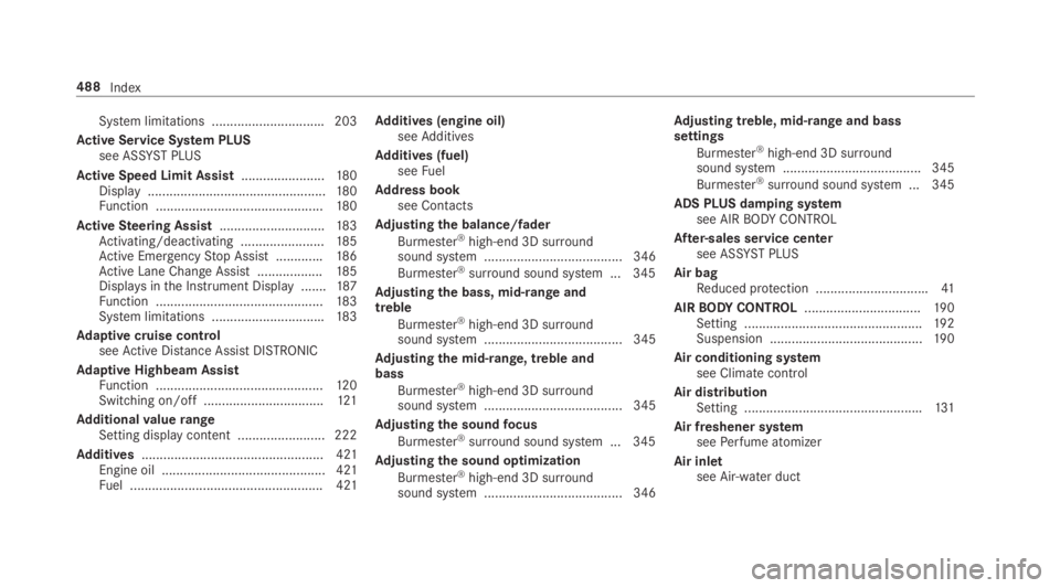 MERCEDES-BENZ E CLASS 2019  Owners Manual System limitations ...............................203
Active Service System PLUSsee ASSYSTPLUS
Active Speed Limit Assist.......................180Display...............................................