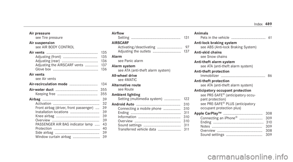 MERCEDES-BENZ E CLASS 2019 Owners Manual Air pressureseeTirepressure
Air suspensionsee AIRBODYCONTROL
Airvents...................................................13 5Adjusting (front) ..................................13 5Adjusting (rear) ... MERCEDES-BENZ E CLASS 2019 Owners Manual Air pressureseeTirepressure
Air suspensionsee AIRBODYCONTROL
Airvents...................................................13 5Adjusting (front) ..................................13 5Adjusting (rear) ...