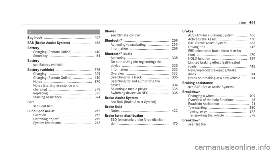 MERCEDES-BENZ E CLASS 2019 Owners Manual B
Bag hook..................................................107
BAS (Brake Assist System).....................166
BatteryCharging (RemoteOnline) ....................14 0SmartKey....................... MERCEDES-BENZ E CLASS 2019 Owners Manual B
Bag hook..................................................107
BAS (Brake Assist System).....................166
BatteryCharging (RemoteOnline) ....................14 0SmartKey.......................
