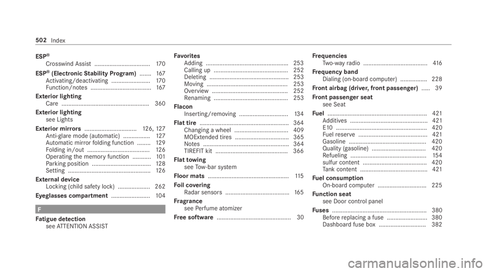 MERCEDES-BENZ E CLASS 2019 Owners Guide ESP®
Crosswind Assist .................................170
ESP®(ElectronicStability Program).......167Activating/deactivating .......................170Function/notes ...............................