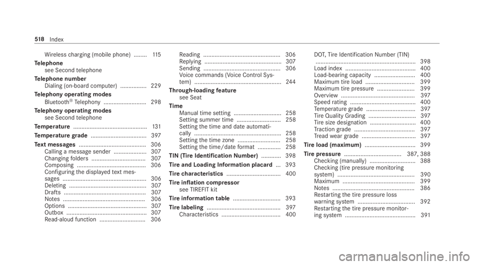 MERCEDES-BENZ E CLASS 2019 Owners Manual Wirelesscharging (mobile phone) ........11 5
Telephonesee Secondtelephone
Telephone numberDialing (on-board computer) ................ 229
Telephony operating modes
Bluetooth®Telephony .............. MERCEDES-BENZ E CLASS 2019 Owners Manual Wirelesscharging (mobile phone) ........11 5
Telephonesee Secondtelephone
Telephone numberDialing (on-board computer) ................ 229
Telephony operating modes
Bluetooth®Telephony ..............