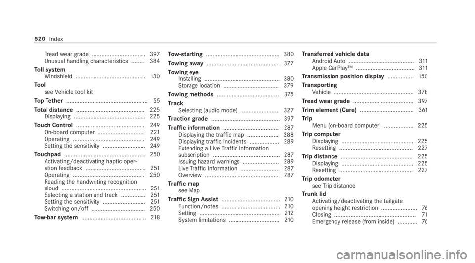 MERCEDES-BENZ E CLASS 2019 Owners Manual Treadwear grade .................................397Unusual handlingcharacteristics ........ 384
Toll systemWindshield ...........................................13 0
ToolseeVehicletool kit
TopTether. MERCEDES-BENZ E CLASS 2019 Owners Manual Treadwear grade .................................397Unusual handlingcharacteristics ........ 384
Toll systemWindshield ...........................................13 0
ToolseeVehicletool kit
TopTether.