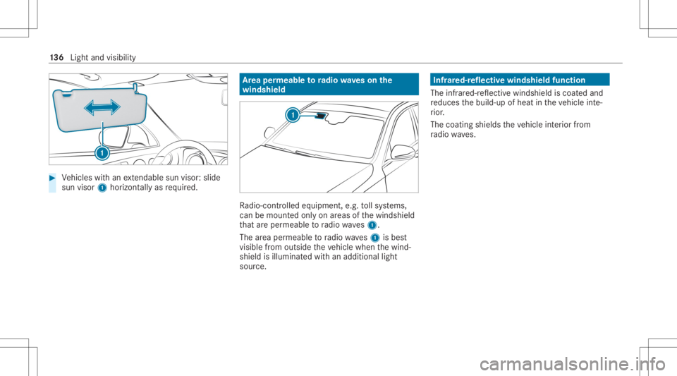 MERCEDES-BENZ E CLASS 2020 Owners Manual #
Vehicles withan extenda ble su nvis or:sl id e
su nvis or1 horizontally as requ ired. Ar
ea per mea bletoradio wav eson the
wind shield Ra
dio-co ntro lled equipmen t,e.g. tollsy stems,
can bemount MERCEDES-BENZ E CLASS 2020 Owners Manual #
Vehicles withan extenda ble su nvis or:sl id e
su nvis or1 horizontally as requ ired. Ar
ea per mea bletoradio wav eson the
wind shield Ra
dio-co ntro lled equipmen t,e.g. tollsy stems,
can bemount