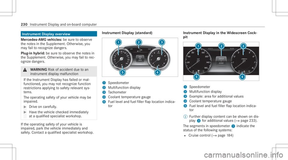 MERCEDES-BENZ E CLASS 2020  Owners Manual Ins
trum ent Disp layove rview
Mer cedes- AMGvehicl es:besur eto obser ve
th eno tesin theSupplement .Ot her wise, you
ma yfa ilto recogni zedangers.
Plu g-inhy brid: besur eto obser vetheno tesin
th 