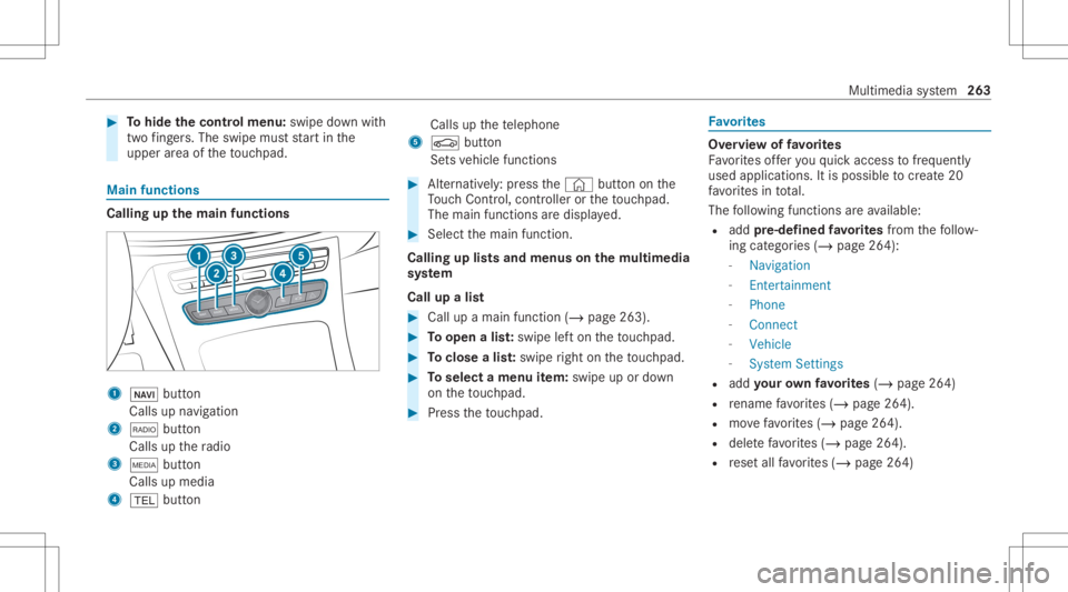 MERCEDES-BENZ E CLASS 2020 Owners Manual #
Tohide thecontr olmenu :swipe down with
tw ofing ers. The swipe mu ststar tin the
upper area oftheto uc hpad. Ma
infunct ions Calli
ngup thema infun ctions 1
00CB button
Calls upnavig ation
2 002A b MERCEDES-BENZ E CLASS 2020 Owners Manual #
Tohide thecontr olmenu :swipe down with
tw ofing ers. The swipe mu ststar tin the
upper area oftheto uc hpad. Ma
infunct ions Calli
ngup thema infun ctions 1
00CB button
Calls upnavig ation
2 002A b