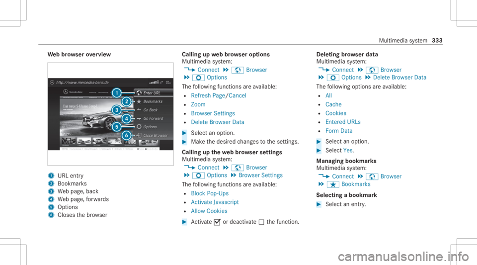 MERCEDES-BENZ E CLASS 2020  Owners Manual We
bbr ow ser overview 1
URL entry
2 Bookma rks
3 Webpag e,bac k
4 Webpag e,forw ards
5 Options
6 Closes thebr ows er Calling
upwebbr ow ser options
Multimedia system:
4 Connec t5
z Browser
5 Z Option