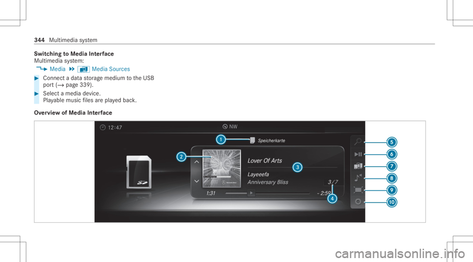 MERCEDES-BENZ E CLASS 2020  Owners Manual Switc
hingtoMedia Interface
Mult imed iasystem:
4 Media 5
à Media Sources #
Connec ta dat ast or ag emedium totheUSB
por t(/ page339). #
Select amedia device.
Pla yable music files arepla yedbac k.
O