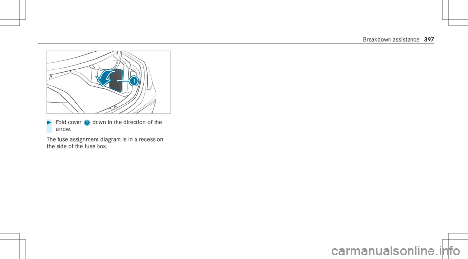 MERCEDES-BENZ E CLASS 2020  Owners Manual #
Foldcover1 down inthedir ect ion ofthe
ar row .
The fuse assignment diagramisin are cess on
th eside ofthefuse box. Br
eakdo wnassis tance 39
7 