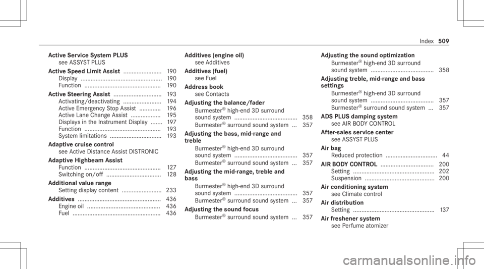 MERCEDES-BENZ E CLASS 2020  Owners Manual Ac
tiv eSe rvice System PLUS
see ASSYST PLUS
Ac tiv eSpe edLimit Assist <0011001100110011001100110011001100110011001100110011001100110011
0011001100110011001100110011> 190
Dis play <001100110011001100
