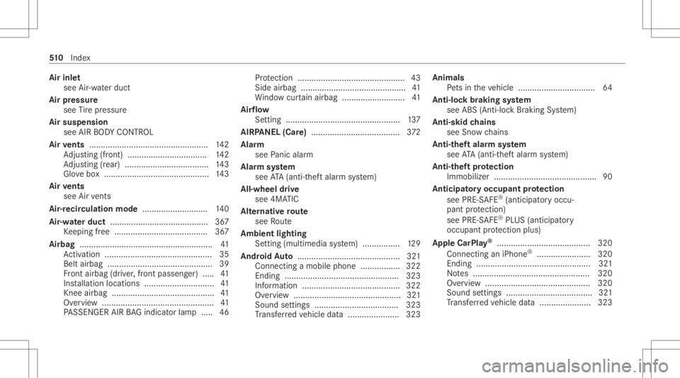 MERCEDES-BENZ E CLASS 2020  Owners Manual Air
inle t
see Air-water duct
Air pressu re
see Tire pressur e
Air suspension
see AIRBODY CONTR OL
Air vents ............... .................................... 142
Ad jus ting (front) ............ .