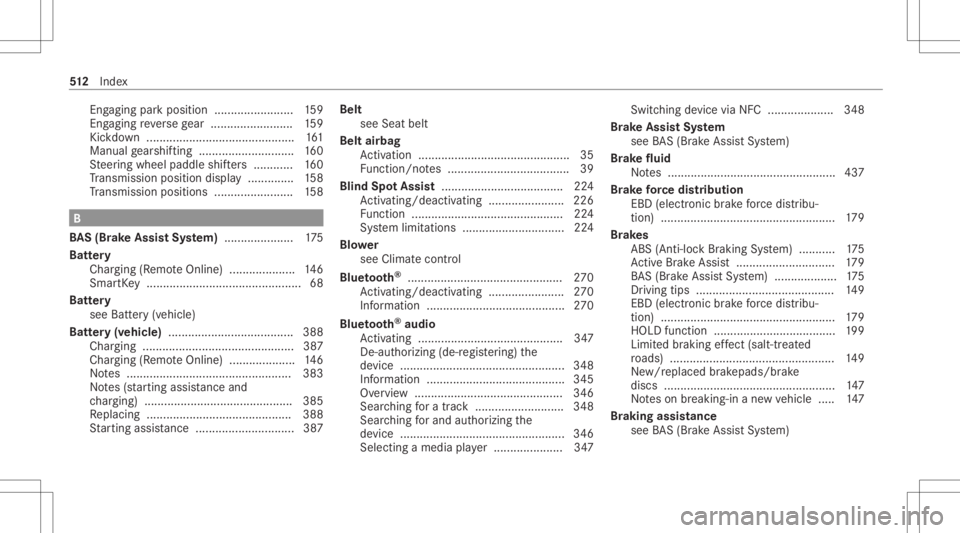 MERCEDES-BENZ E CLASS 2020  Owners Manual Eng
aging park position ........................ 159
Eng aging reve rsege ar .........................1 59
Kic kdo wn ....... ......................................161
Manual gearshif ting............
