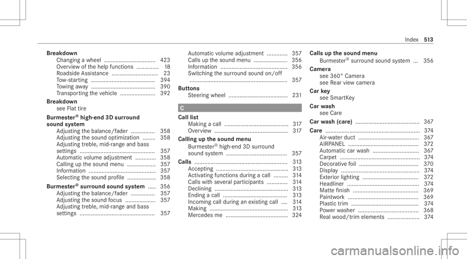 MERCEDES-BENZ E CLASS 2020  Owners Manual Br
eak down
Ch ang ingawh eel <0011001100110011001100110011001100110011001100110011001100110011
0011001100110011001100110011001100110011001100110011001100110011> 423
Ov ervie wof thehelp functions....