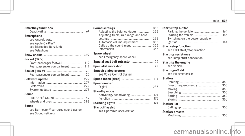 MERCEDES-BENZ E CLASS 2020 Owners Manual Smar
tKey functio ns
Deactiv ating.......................................... 67
Smar tphone
see Andr oidAuto
see Apple CarPla y®
see Mercedes-Benz Link
see Telephon e
Sno wch ains ................... MERCEDES-BENZ E CLASS 2020 Owners Manual Smar
tKey functio ns
Deactiv ating.......................................... 67
Smar tphone
see Andr oidAuto
see Apple CarPla y®
see Mercedes-Benz Link
see Telephon e
Sno wch ains ...................