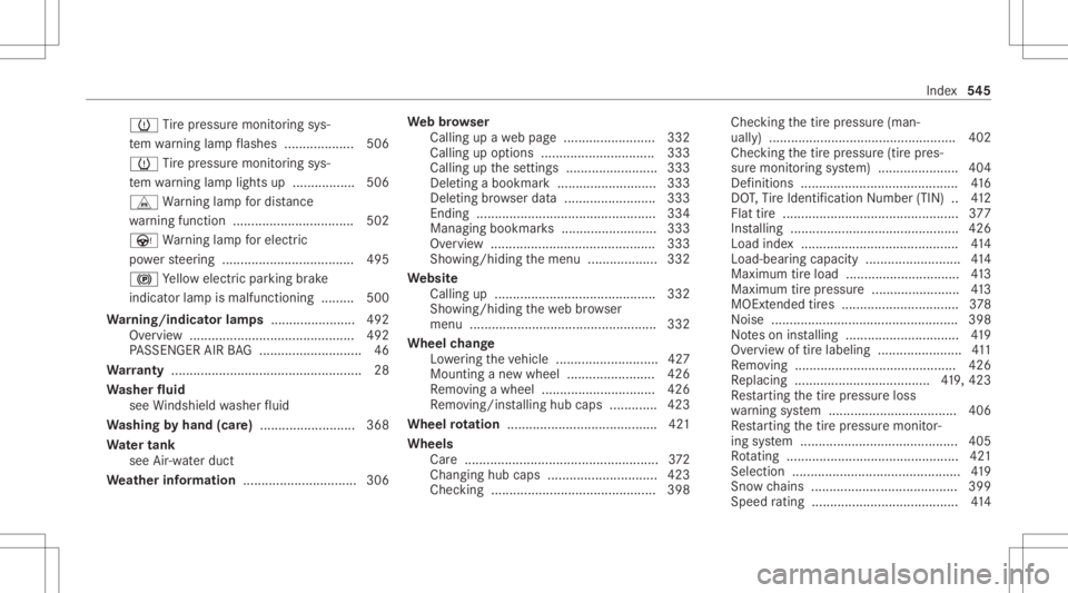 MERCEDES-BENZ E CLASS 2020 Owners Manual 0077
Tire pressur emonit oring sys‐
te m wa rning lam pflashes ...................5 06
0077 Tire pressur emonit oring sys‐
te m wa rning lam plight sup .................5 06
L Warning lam pfo rdis MERCEDES-BENZ E CLASS 2020 Owners Manual 0077
Tire pressur emonit oring sys‐
te m wa rning lam pflashes ...................5 06
0077 Tire pressur emonit oring sys‐
te m wa rning lam plight sup .................5 06
L Warning lam pfo rdis