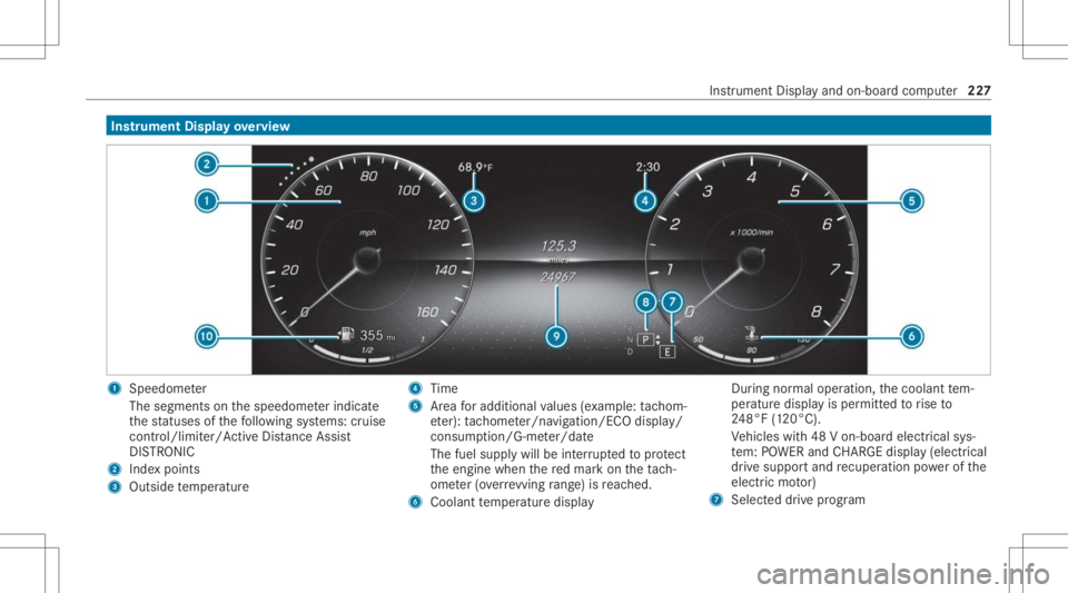 MERCEDES-BENZ E CLASS 2021 Owners Manual Ins
trum ent Disp layove rview 1
Speedo meter
The segment son thespeedome terindica te
th est atus esofthefo llo wing systems: cruise
con trol/limit er/Active Dis tance Assist
DIS TRONI C
2 Inde xpo i MERCEDES-BENZ E CLASS 2021 Owners Manual Ins
trum ent Disp layove rview 1
Speedo meter
The segment son thespeedome terindica te
th est atus esofthefo llo wing systems: cruise
con trol/limit er/Active Dis tance Assist
DIS TRONI C
2 Inde xpo i
