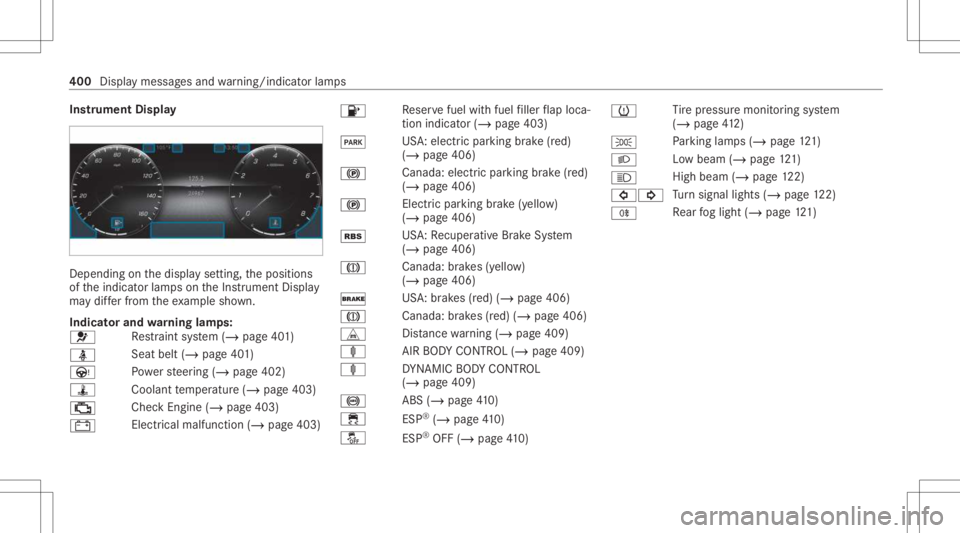 MERCEDES-BENZ E CLASS 2021 Owners Manual Ins
trum ent Disp lay De
pen dingon thedispla yse tting, theposition s
of theindicat orlam pson theIns trument Display
ma ydif ferfr om theex am ple shown.
Indi catorand warning lam ps:
0075 Re
stra i MERCEDES-BENZ E CLASS 2021 Owners Manual Ins
trum ent Disp lay De
pen dingon thedispla yse tting, theposition s
of theindicat orlam pson theIns trument Display
ma ydif ferfr om theex am ple shown.
Indi catorand warning lam ps:
0075 Re
stra i