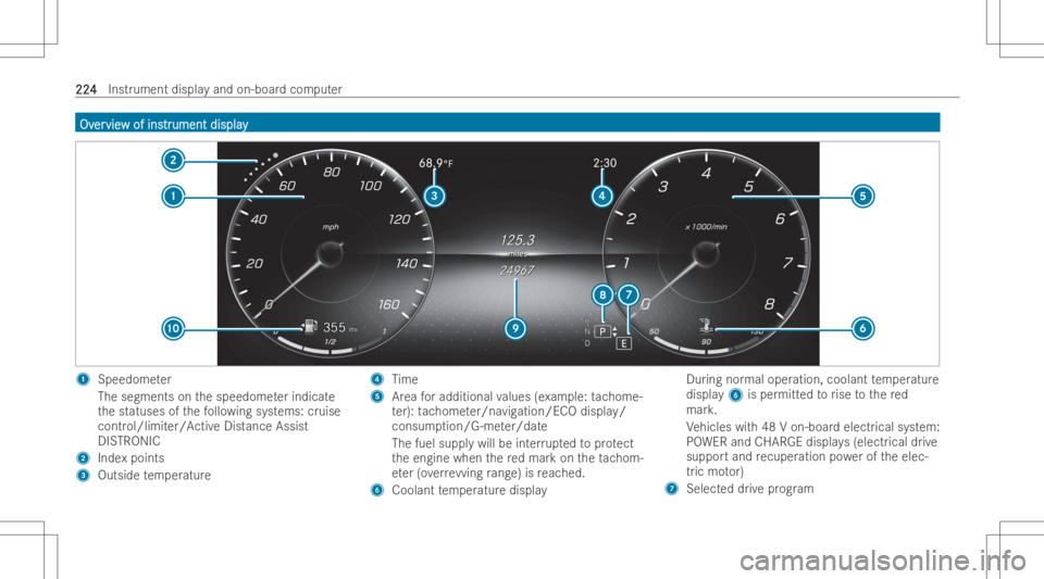MERCEDES-BENZ E CLASS 2022  Owners Manual OvOv
er er
vie vie
wof ins w
of ins tr tr
ument display ument
display 1
Speedo meter
The segm entsonthespeedome terindicat e
th estatuses ofthefo llo wing systems: cruise
contr ol/limit er/ActiveDist 
