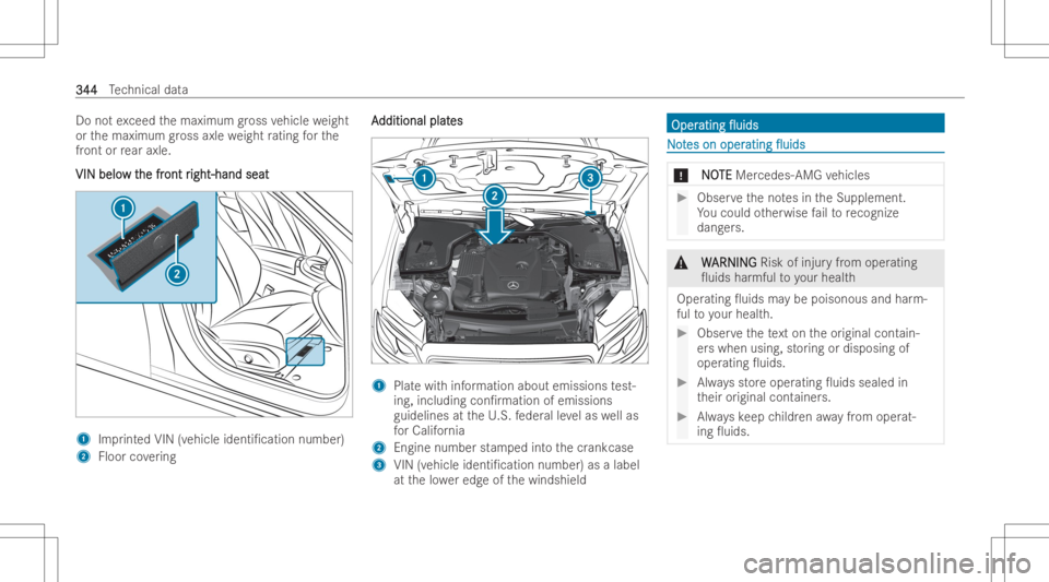 MERCEDES-BENZ E CLASS 2022  Owners Manual Do
notex ceed themaximum gross vehicle weight
or themaximum gross axle weight rating forth e
fr ont orrear axle.
VIN belo VIN
belo wt w
the fr he
front r ont
right -han dseat ight
-han dseat 1
Imprint