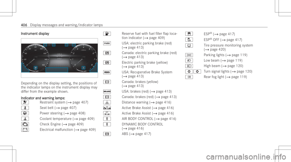 MERCEDES-BENZ E CLASS 2022  Owners Manual InsIns
tr tr
umen tdispl ay ument
display Depending
onthedispla yse tting ,th epositions of
th eindicat orlam pson theinst rument displa yma y
di.er from theex am ple shown.
Indi cat Indi
catorand w 