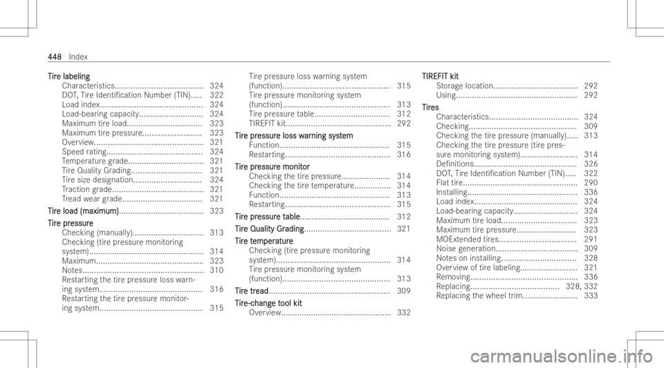 MERCEDES-BENZ E CLASS 2022  Owners Manual TT
ir ir
e labeling e
labeling
Char acteristics ............ ...........................324
DO T,Tire Identi/cation Number(TIN) .....3 22
Load index.......... ................................... 324
