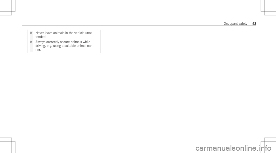 MERCEDES-BENZ E CLASS 2022 Repair Manual #
Neverlea veanim alsintheve hicle unat-
te nded . #
Alwayscor rectl ysecur eanimals while
dr ivi ng ,e.g .using asuit able animal car-
ri er . Occupant
safety
63 63 