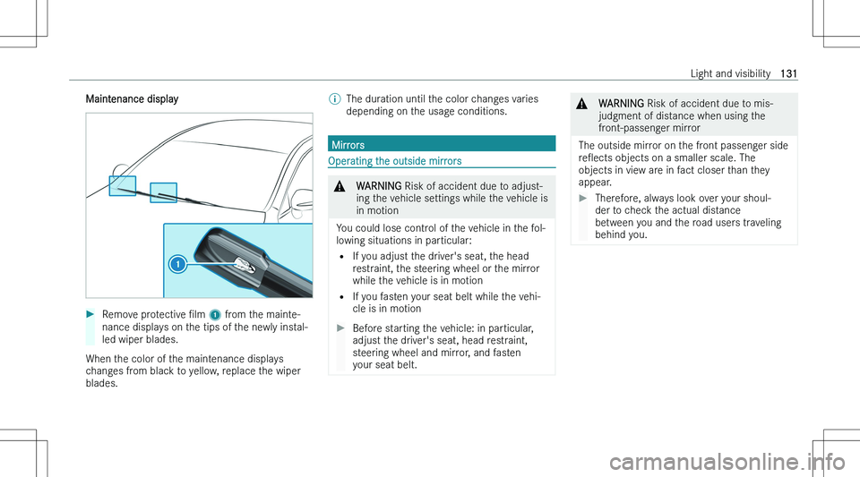 MERCEDES-BENZ E CLASS 2023  Owners Manual �M�a�i�n�t�e�n�a�n�c�e� �d�i�s�p�l�a�y��R�e�m�o�v�e� �p�r�o�t�e�c�t�i�v�e� N�l�m� �1 � �f�r�o�m� �t�h�e� �m�a�i�n�t�e�-
�n�a�n�c�e� �d�i�s�p�l�a�y�s� �o�n� �t�h�e� �t�i�p�s� �o�f� �t�h�e� �n�e�w�l�y