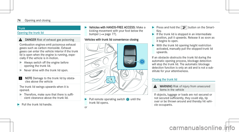 MERCEDES-BENZ E CLASS 2023 Manual PDF �T�r�u�n�k
�O�p�e�n�i�n�g� �t�h�e� �t�r�u�n�k� �l�i�d
�&�D�A�N�G�E�R� �R�i�s�k� �o�f� �e�x�h�a�u�s�t� �g�a�s� �p�o�i�s�o�n�i�n�g
�C�o�m�b�u�s�t�i�o�n� �e�n�g�i�n�e�s� �e�m�i�t� �p�o�i�s�o�n�o�u�s� �e�