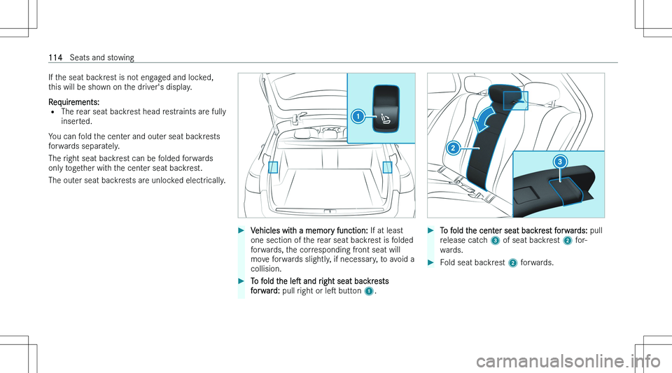 MERCEDES-BENZ E CLASS WAGON 2023  Owners Manual �I�f� �t�h�e� �s�e�a�t� �b�a�c�k�r�e�s�t� �i�s� �n�o�t� �e�n�g�a�g�e�d� �a�n�d� �l�o�c�k�e�d�,�t�h�i�s� �w�i�l�l� �b�e� �s�h�o�w�n� �o�n� �t�h�e� �d�r�i�v�e�r�\b�s� �d�i�s�p�l�a�y�.
�R�e�q�u�i�r�e�m�e