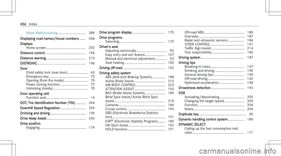 MERCEDES-BENZ E CLASS WAGON 2023  Owners Manual �W�i�p�e�r� �M�a�l�f�u�n�c�t�i�o�n�i�n�g�.�.�.�.�.�.�.�.�.�.�.�.�.�.�.�.�.�.�.�.�.�.�.�.�.�.�.�.�. �3�8�9
�D�i�s�p�l�a�y�i�n�g� �r�o�a�d� �n�a�m�e�s�/�h�o�u�s�e� �n�u�m�b�e�r�s �.�.�.�.�.�.�. �2�6�8
�