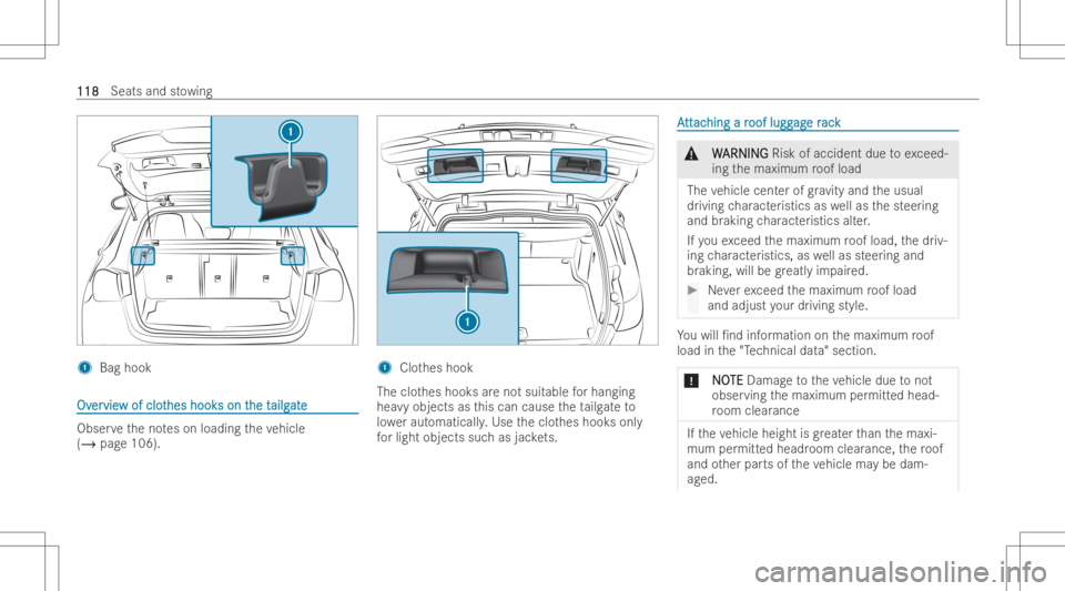 MERCEDES-BENZ EQB 2023  Owners Manual 1
Bag hook OvOv
er er
vie vie
wof clo t w
of clo the sho ok he
sho okson t s
on the t he
tai lg ai
lg at e at
e Obs
erve theno teson loadin gth eve hicle
(/ page106). 1
Clothes hook
The clothes hook s