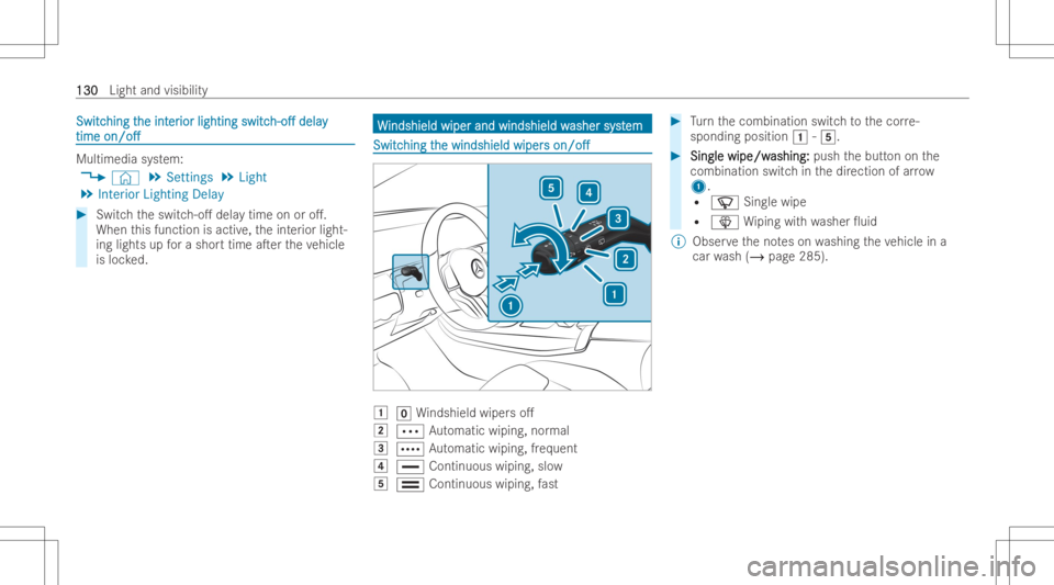 MERCEDES-BENZ EQB 2023  Owners Manual Swi
tc Swi
tching t hi
ng the int he
inter er
iorlig hting io
rlig hting switc sw
itch- o. h-
o. delay de
lay
tim e tim
eon /o. on/o.
Mu
ltim ed iasystem :
4 © 5
Setting s5
Light
5 Inter iorLi gh
