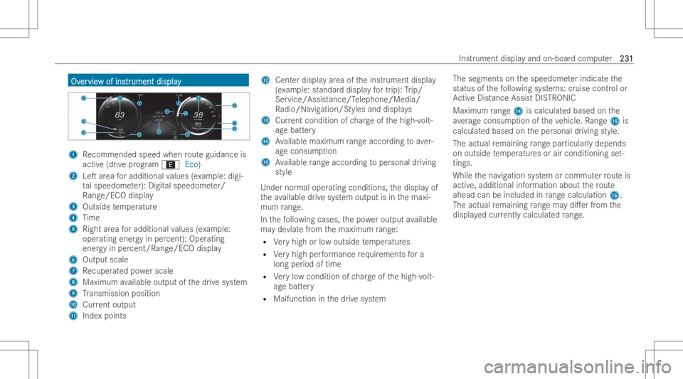 MERCEDES-BENZ EQB 2023  Owners Manual OvOv
er er
vie vie
wof ins w
of ins tr tr
ument display ument
display 1
Recommen dedspeed whenrouteguidance is
activ e(dr ive pr og ram ; Eco)
2 LeT area foradditional values (exa mp le:digi-
ta lspe
