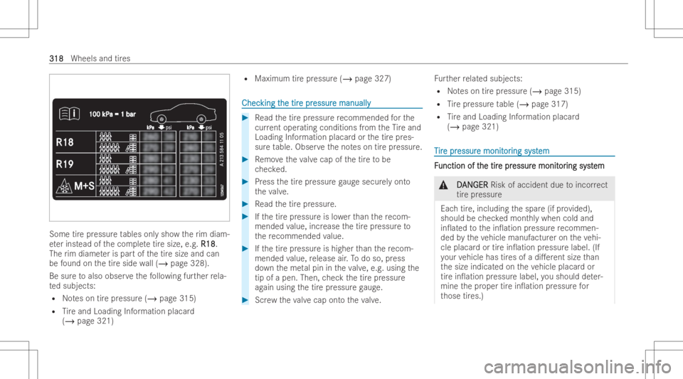 MERCEDES-BENZ EQB 2023  Owners Manual Som
etir epr es su re tables onlysho wtherim diam-
et er inst ead ofthecom pletetiresize, e.g.R18 R18
.
The rim diame teris par tof thetir esize andcan
be found onthetir eside wall(/ page328).
Be sure