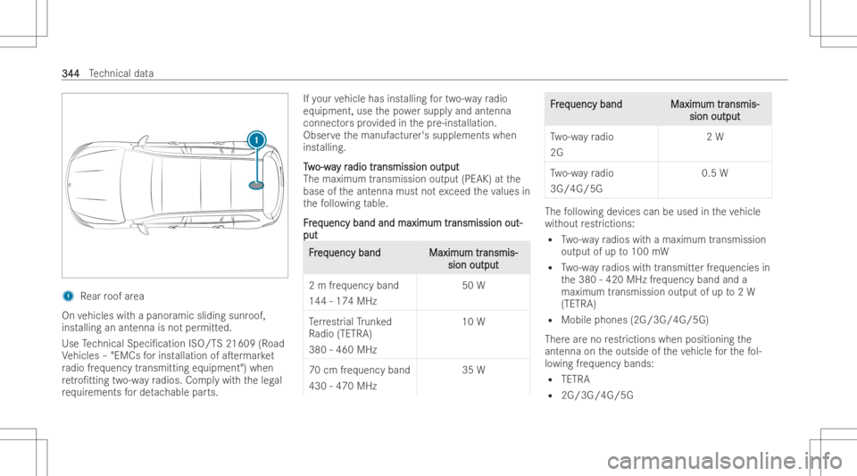 MERCEDES-BENZ EQB 2023  Owners Manual 1
Rear roof area
On vehicles withapanor amicslidingsunr oof,
ins talling anant enna isno tper mitt ed.
Use Tech nica lSp eci /cation ISO/T S2160 9(R oad
Ve hicles –"EMC sfo rinst allation ofaT