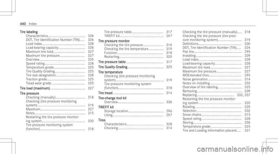 MERCEDES-BENZ EQB 2023  Owners Manual TT
ir ir
e labeling e
labeling
Char acteristics ............ ...........................328
DO T,Tire Identi/cation Number(TIN) .....3 26
Load index.......... ................................... 328

