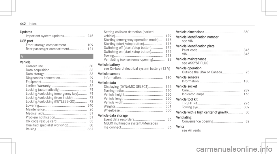 MERCEDES-BENZ EQB 2023  Owners Manual UU
pdat pdat
es es
Im por tant system updates .......... ............245
USB port USB
port
Fr ont stor ag ecom partment .................... 109
Re ar passen gercom partment ................ 121 VV
V 