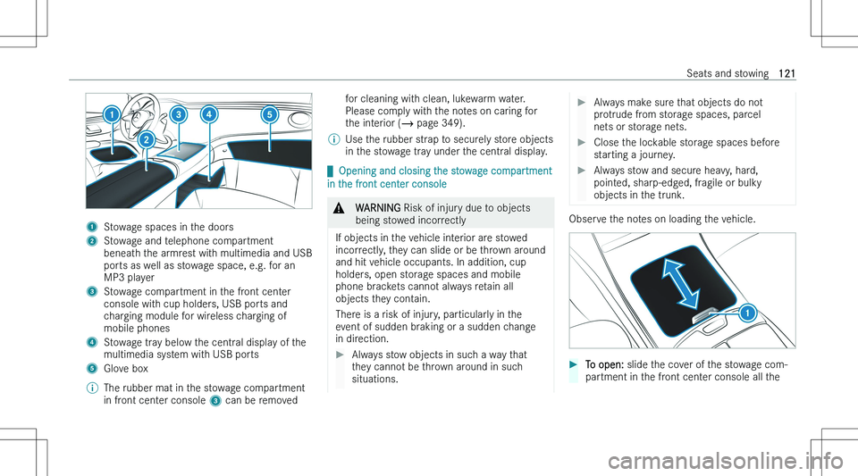 MERCEDES-BENZ EQE 2023  Owners Manual �1�S�t�o�w�a�g�e� �s�p�a�c�e�s� �i�n� �t�h�e� �d�o�o�r�s�2�S�t�o�w�a�g�e� �a�n�d� �t�e�l�e�p�h�o�n�e� �c�o�m�p�a�r�t�m�e�n�t
�b�e�n�e�a�t�h� �t�h�e� �a�r�m�r�e�s�t� �w�i�t�h� �m�u�l�t�i�m�e�d�i�a� �a�