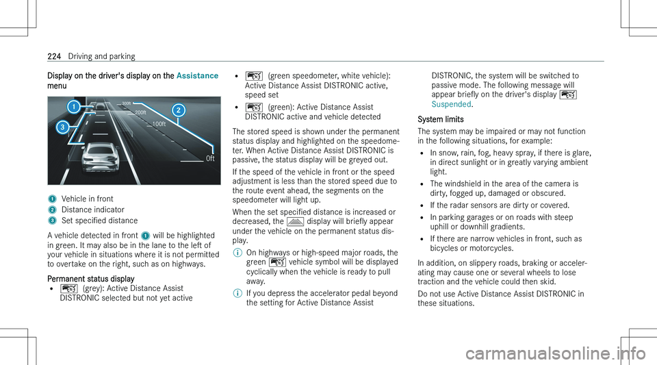 MERCEDES-BENZ EQE 2023  Owners Manual �D�i�s�p�l�a�y� �o�n� �t�h�e� �d�r�i�v�e�r�\b�s� �d�i�s�p�l�a�y� �o�n� �t�h�e� �$�s�s�L�s�t�D�n�F�H
�m�e�n�u�1�V�e�h�i�c�l�e� �i�n� �f�r�o�n�t�2�D�i�s�t�a�n�c�e� �i�n�d�i�c�a�t�o�r�3�S�e�t�  �s�p�e�c�