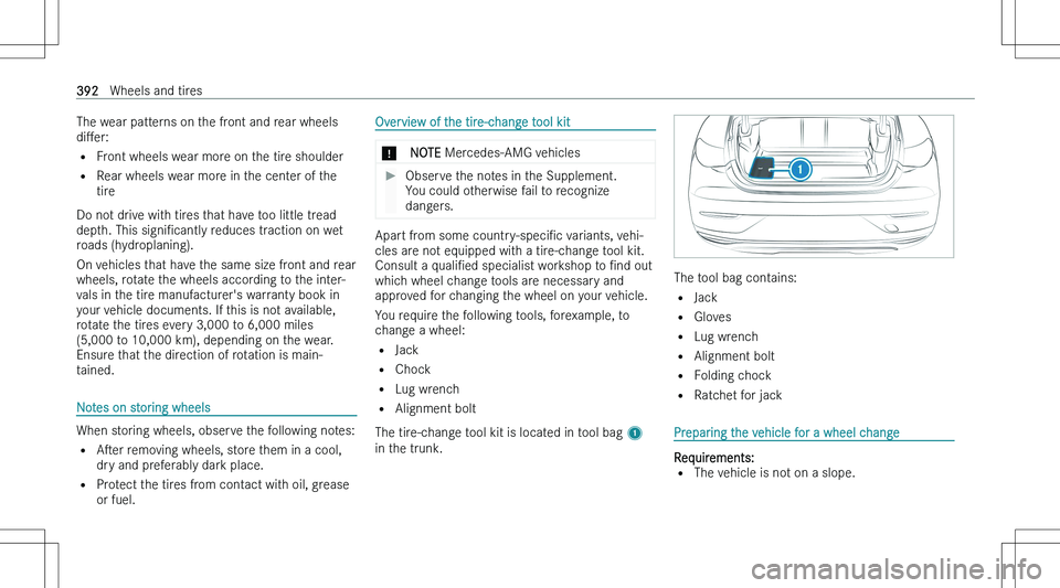 MERCEDES-BENZ EQE 2023  Owners Manual �T�h�e� �w�e�a�r� �p�a�t�t�e�r�n�s� �o�n� �t�h�e� �f�r�o�n�t� �a�n�d� �r�e�a�r� �w�h�e�e�l�s
�d�iM�e�r�:
�= �F�r�o�n�t� �w�h�e�e�l�s� �w�e�a�r� �m�o�r�e� �o�n� �t�h�e� �t�i�r�e� �s�h�o�u�l�d�e�r
�= �