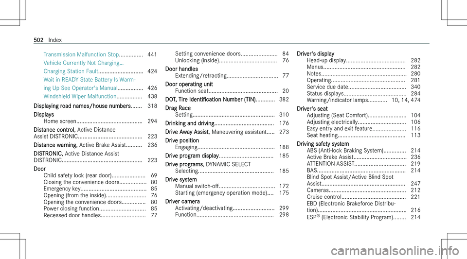 MERCEDES-BENZ EQE 2023  Owners Manual �T�r�a�n�s�m�i�s�s�i�o�n� �M�a�l�f�u�n�c�t�i�o�n� �S�t�o�p�.�.�.�.�.�.�.�.�.�.�.�.�.�.�. �4�4�1
�V�e�h�i�c�l�e� �C�u�r�r�e�n�t�l�y� �N�o�t� �C�h�a�r�g�i�n�g!