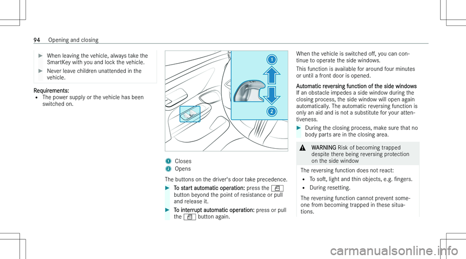 MERCEDES-BENZ EQE 2023  Owners Manual ��W�h�e�n� �l�e�a�v�i�n�g� �t�h�e� �v�e�h�i�c�l�e�,� �a�l�w�a�y�s� �t�a�k�e� �t�h�e�S�m�a�r�t�K�e�y� �w�i�t�h� �y�o�u� �a�n�d� �l�o�c�k� �t�h�e� �v�e�h�i�c�l�e�.��N�e�v�e�r� �l�e�a�v�e� �c�h�i�l�d�r
