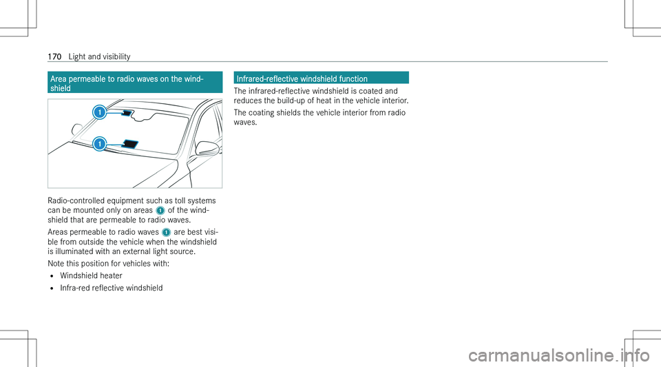 MERCEDES-BENZ EQS 2023  Owners Manual �A�r�e�a� �p�e�r�m�e�a�b�l�e� �t�o� �r�a�d�i�o� �w�a�v�e�s� �o�n� �t�h�e� �w�i�n�d�-
�s�h�i�e�l�d
�R�a�d�i�o�-�c�o�n�t�r�o�l�l�e�d� �e�q�u�i�p�m�e�n�t� �s�u�c�h� �a�s� �t�o�l�l� �s�y�s�t�e�m�s
�c�a�n�