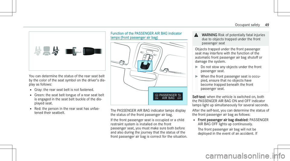 MERCEDES-BENZ EQS 2023 Workshop Manual �Y�o�u� �c�a�n� �d�e�t�e�r�m�i�n�e� �t�h�e� �s�t�a�t�u�s� �o�f� �t�h�e� �r�e�a�r� �s�e�a�t� �b�e�l�t
�b�y� �t�h�e� �c�o�l�o�r� �o�f� �t�h�e� �s�e�a�t� �s�y�m�b�o�l� �o�n� �t�h�e� �d�r�i�v�e�r�\b�s� �d