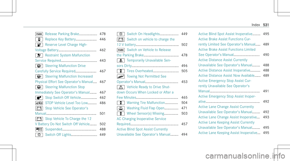 MERCEDES-BENZ EQS 2023  Owners Manual �M� � �R�e�l�e�a�s�e� �P�a�r�k�i�n�g� �B�r�a�k�e �.�.�.�.�.�.�.�.�.�.�.�.�.�.�.�.�.�. �4�7�8
�® � � �R�e�p�l�a�c�e� �K�e�y� �B�a�t�t�e�r�y �.�.�.�.�.�.�.�.�.�.�.�.�.�.�.�.�.�.�.�.�. �4�4�6
�ô � � �R